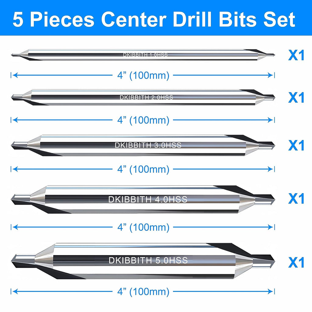 DKIBBITH 5pc Long Center Drill Bit Set, M2 HSS 60-Degree Angle 4'' Overall Length Center Drill Bits Kit, Countersink Tools for Metalworking Lathe Milling and Countersinking, Size 1.0 2.0 3.0 4.0 5.0