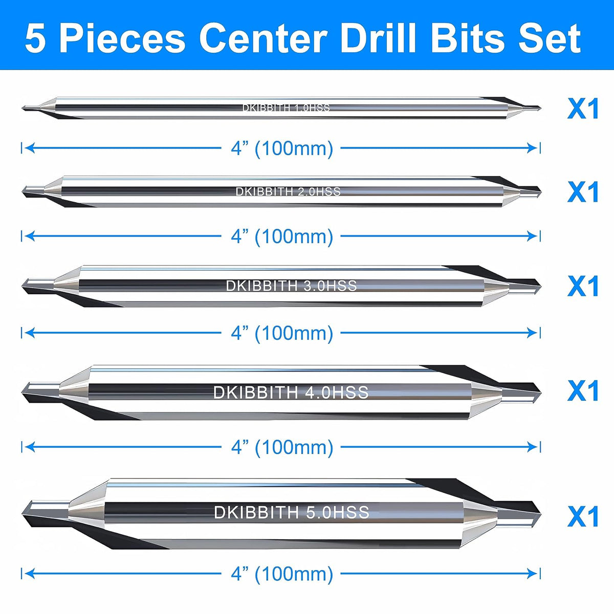 DKIBBITH 5pc Long Center Drill Bit Set, M2 HSS 60-Degree Angle 4'' Overall Length Center Drill Bits Kit, Countersink Tools for Metalworking Lathe Milling and Countersinking, Size 1.0 2.0 3.0 4.0 5.0