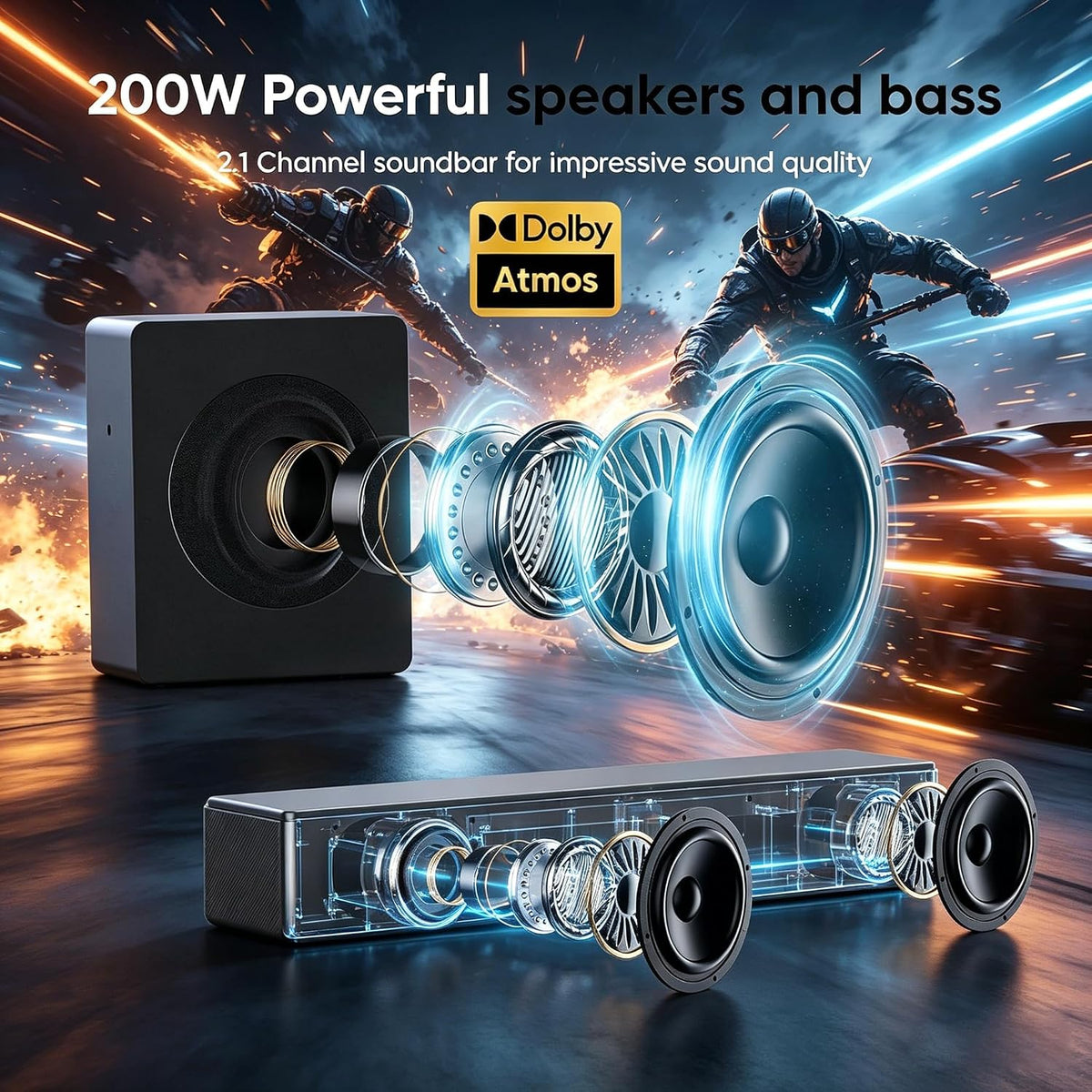 2.1 CH Sound bar with Subwoofers, 100W Sound Bar for Smart TV, Dolby Atmos Surround Sound System, Adjustable Home