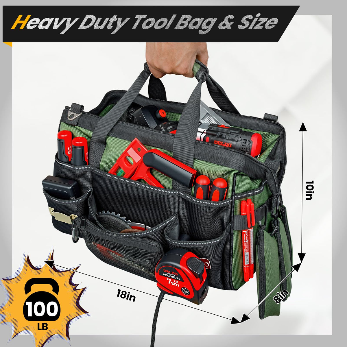 18 Inch Large Heavy Duty Tool Bag, 28-Pocket Empty Tool Organizer