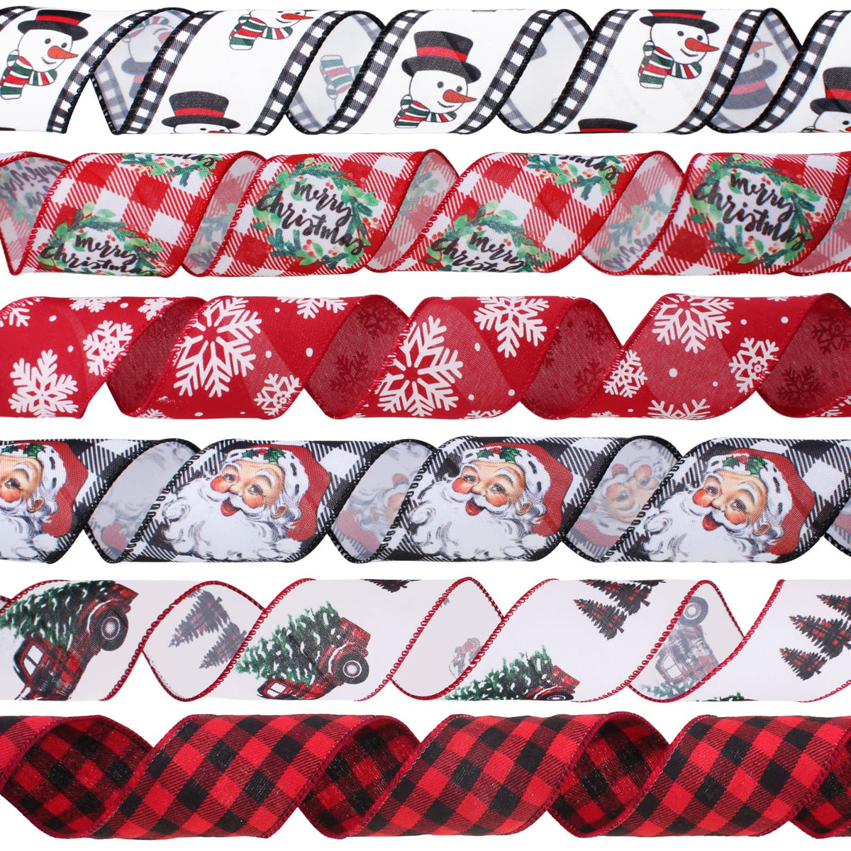 Christmas Ribbon Wired 2.5 Inch,6 Roll 30 Yards Christmas Wired Ribbon,Incl. Santa/Snowman/Snowflake/Buffalo Plaid