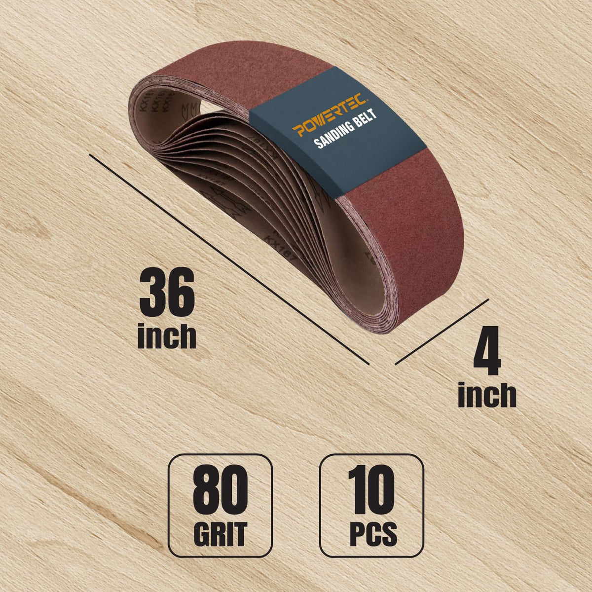 POWERTEC 10PK 4x36 Sanding Belts, 80 Grit Aluminum Oxide, 4 x 36 Inch Sanding Belts for Benchtop Belt and Disc Sander, Belt Sandpaper, Woodworking, Metalworking, Paint, Rust Removal (110680)