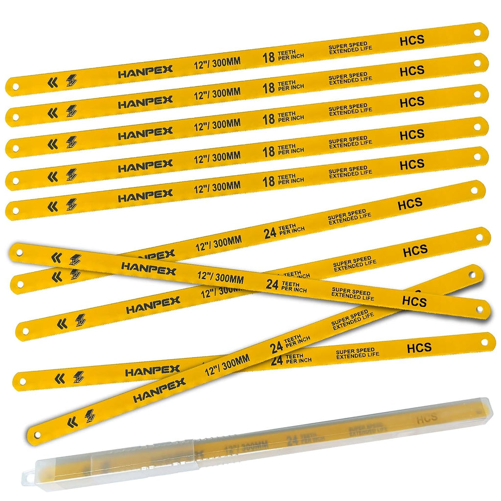 Hanpex Hacksaw Replacement Blades Set (10 Pack) High Speed 12" Length Hack Saw Blade - High Carbon Steel (HCS) Cutting Blades