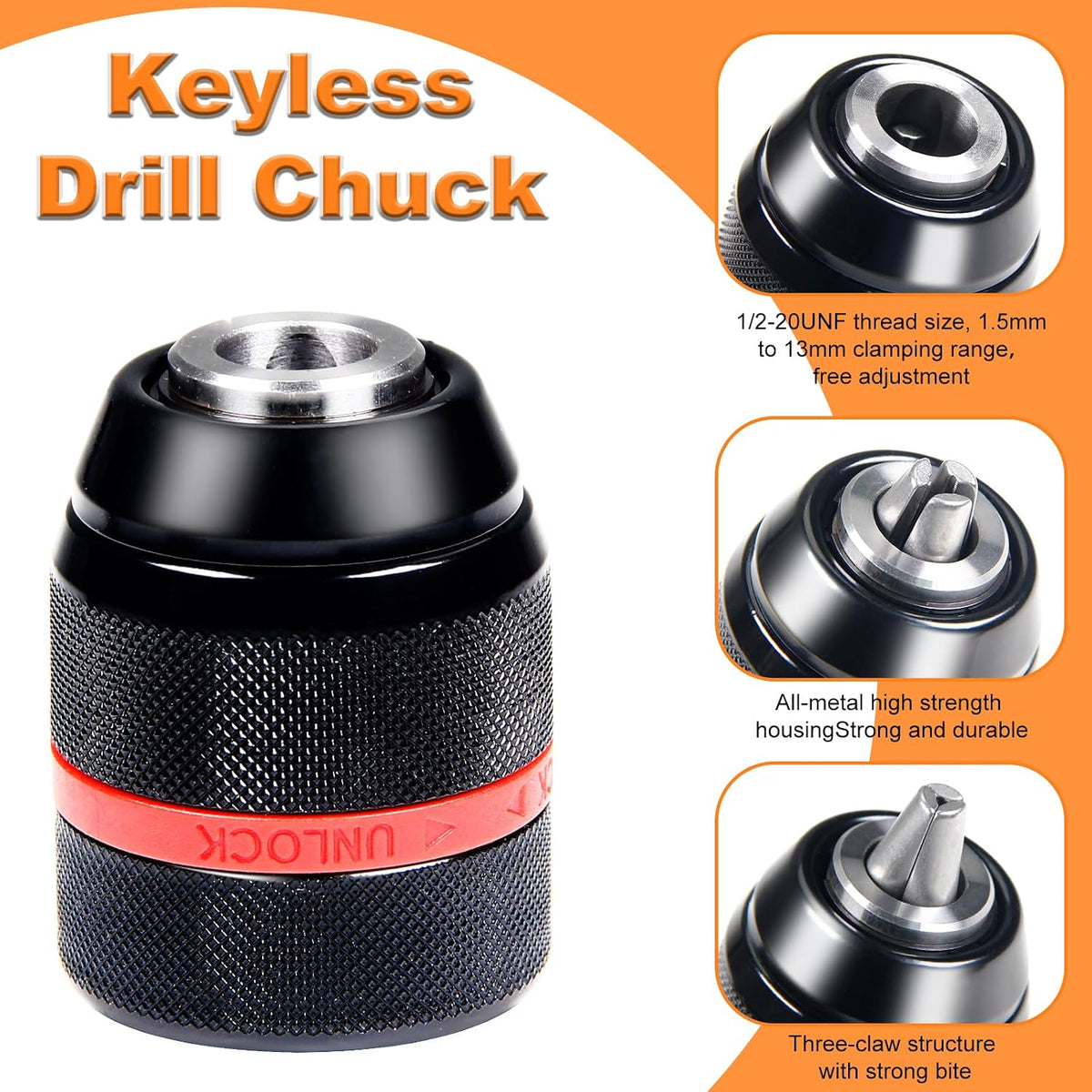 Keyless Drill Chuck for Milwaukee, 1/2-20UNF 1.5-13mm Self-Tightening