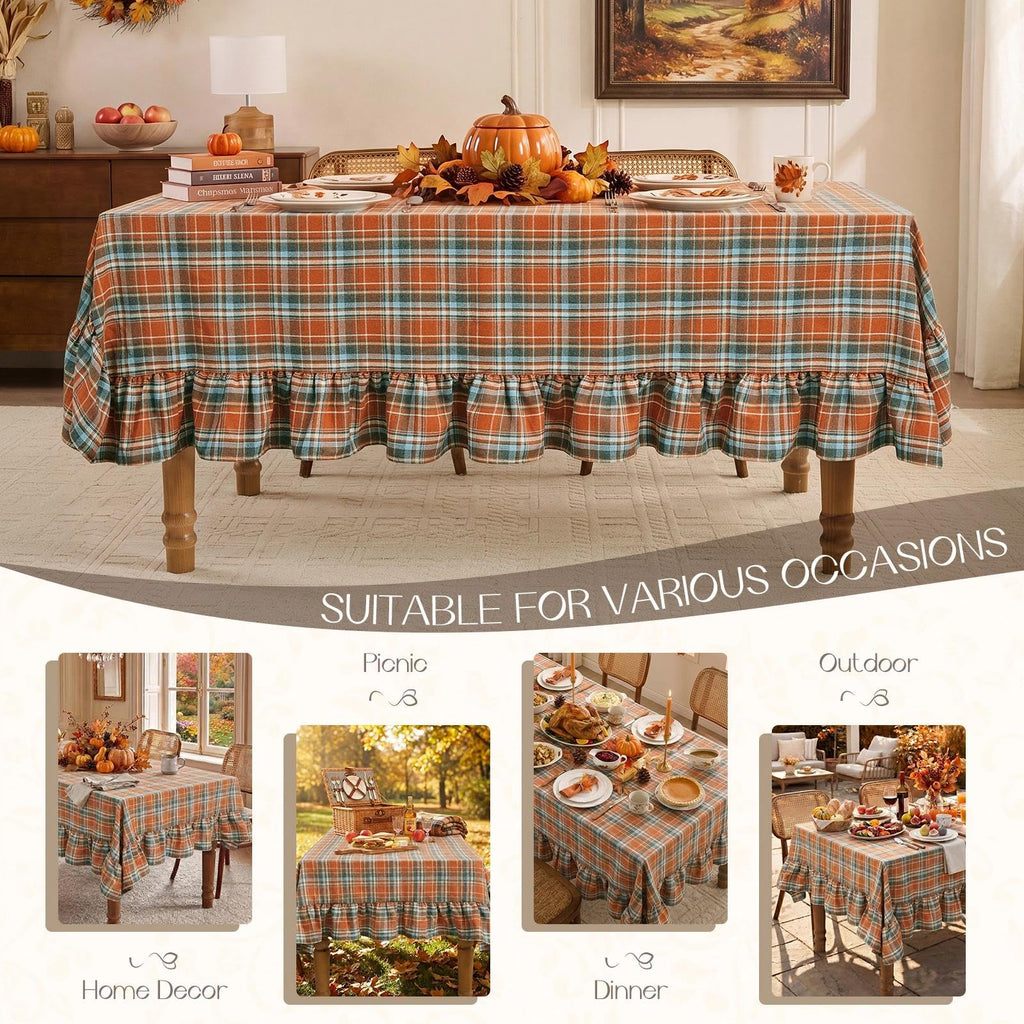 Thanksgiving Plaid Ruffled Tablecloth Rectangle 60x120 Inch Rust
