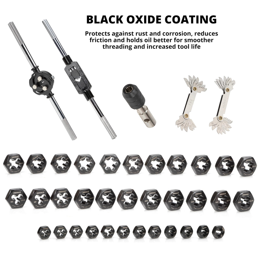 NEIKO Tap and Die Set, 76 Piece, Metric and Standard, Rethreading, Cutting, Repairing Threading Tool for External & Internal Thread Tap Set, SAE & MM, Hex Die, UNC, UNF, AND NPT Threads, Complete Kit