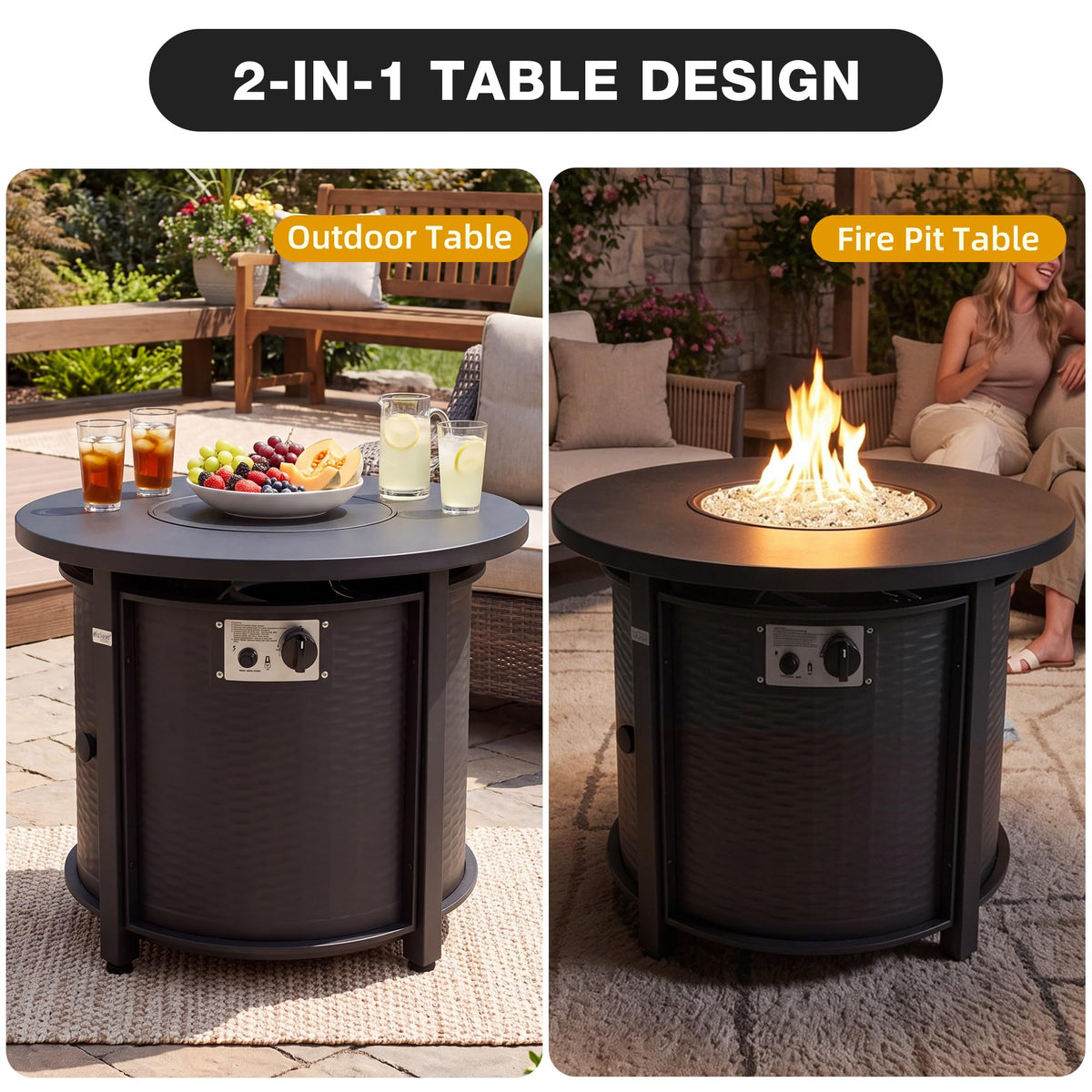 Outdoor Round Propane Fire Pit Table, 50000 BTU, Black