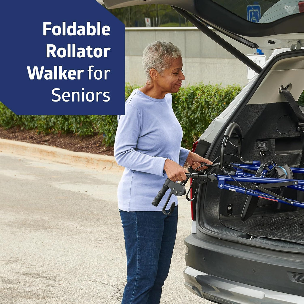 Medline Lightweight Aluminum Rollator Walker for Adult Mobility Impairment, Blue, 300 lb. Weight Capacity, 8" Wheels, Foldable, Adjustable Handles, Walker for Seniors