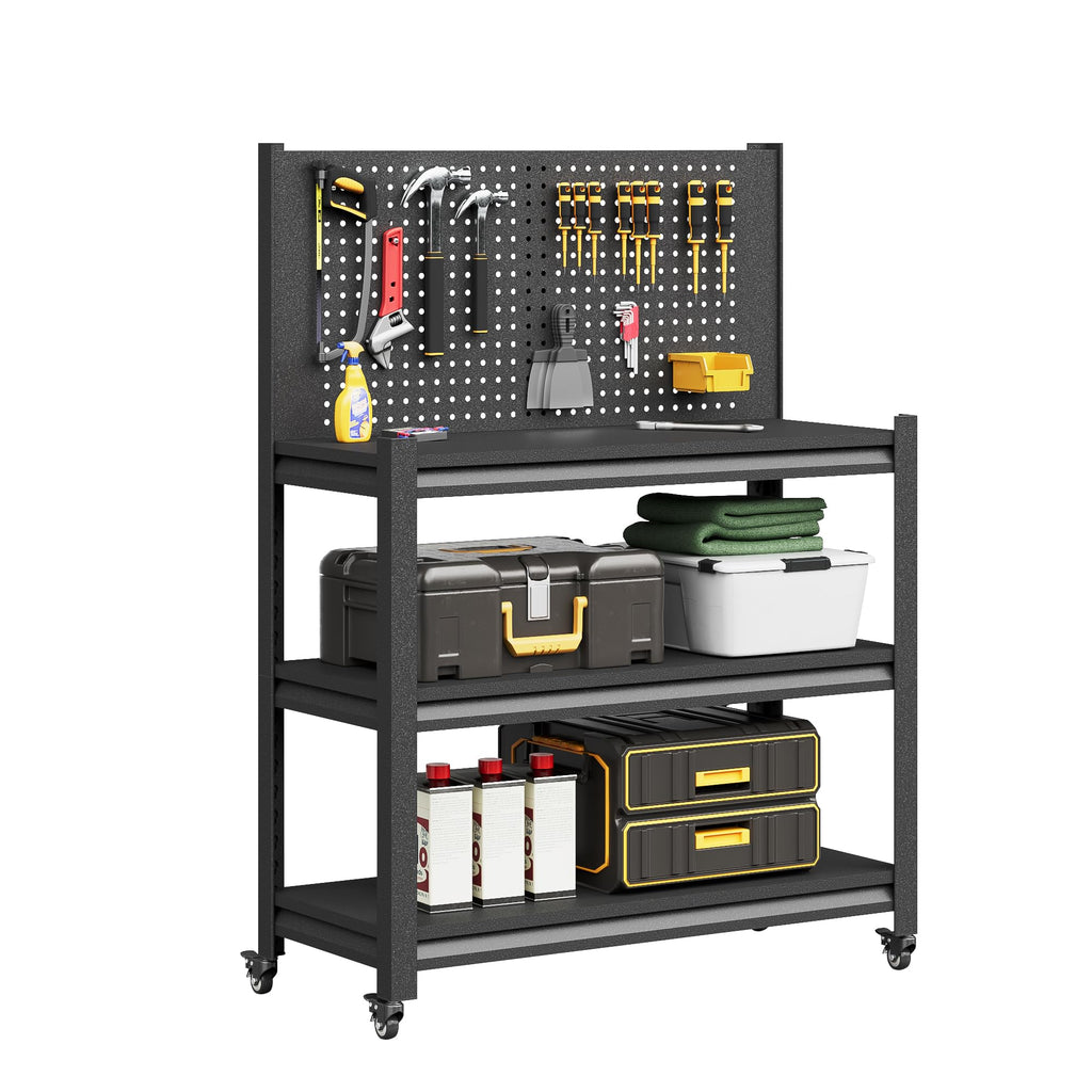 Workbench with Pegboard, Adjustable Heavy Duty Work Table with Wheels, Heavy Duty Workstation, Metal Tool Work Bench