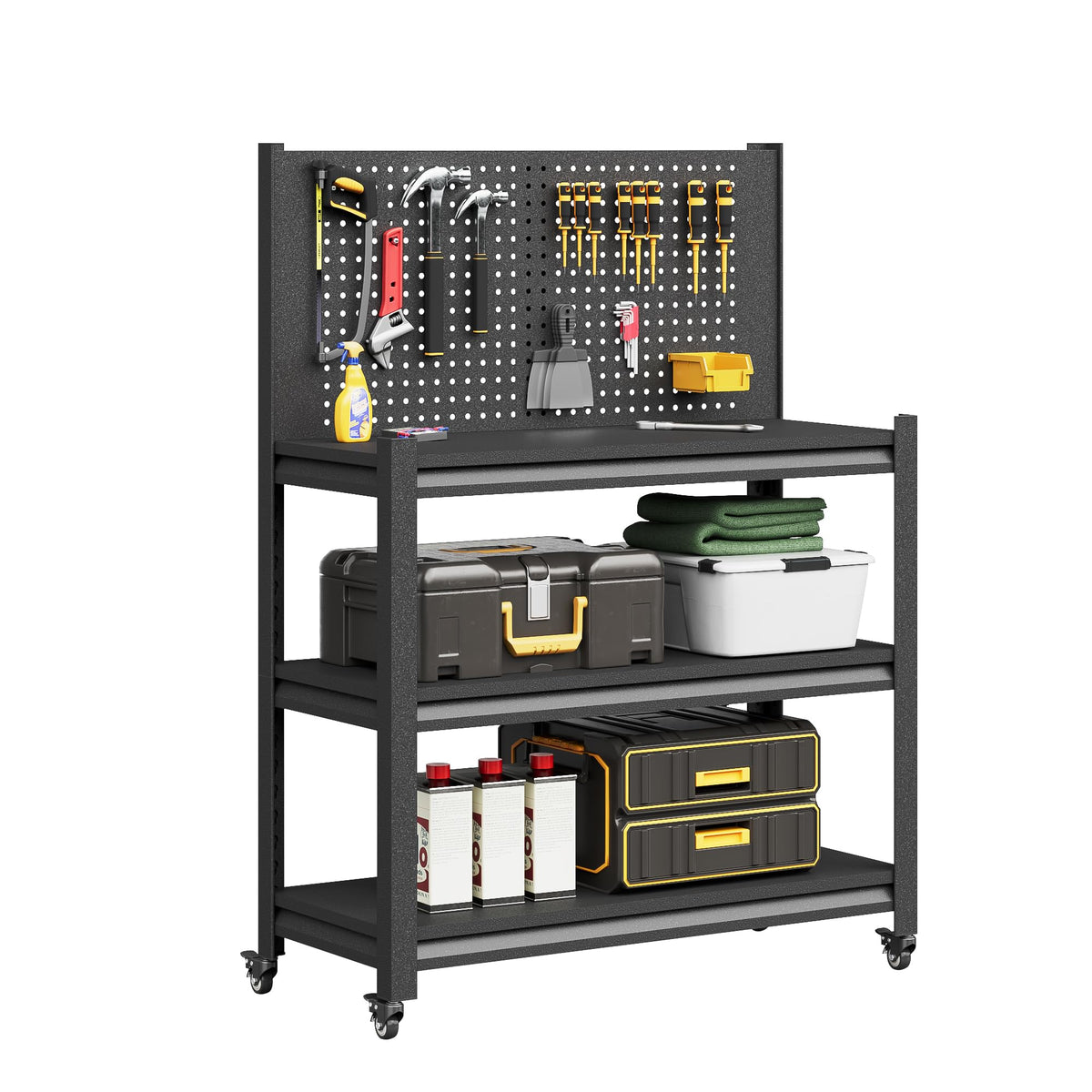 Workbench with Pegboard, Adjustable Heavy Duty Work Table with Wheels, Heavy Duty Workstation, Metal Tool Work Bench