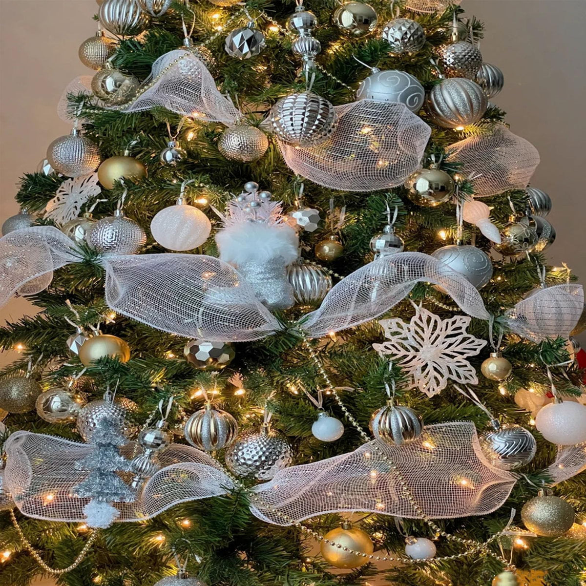 2 Rolls White Mesh Ribbon for Christmas Tree New Year Wreath Crafts