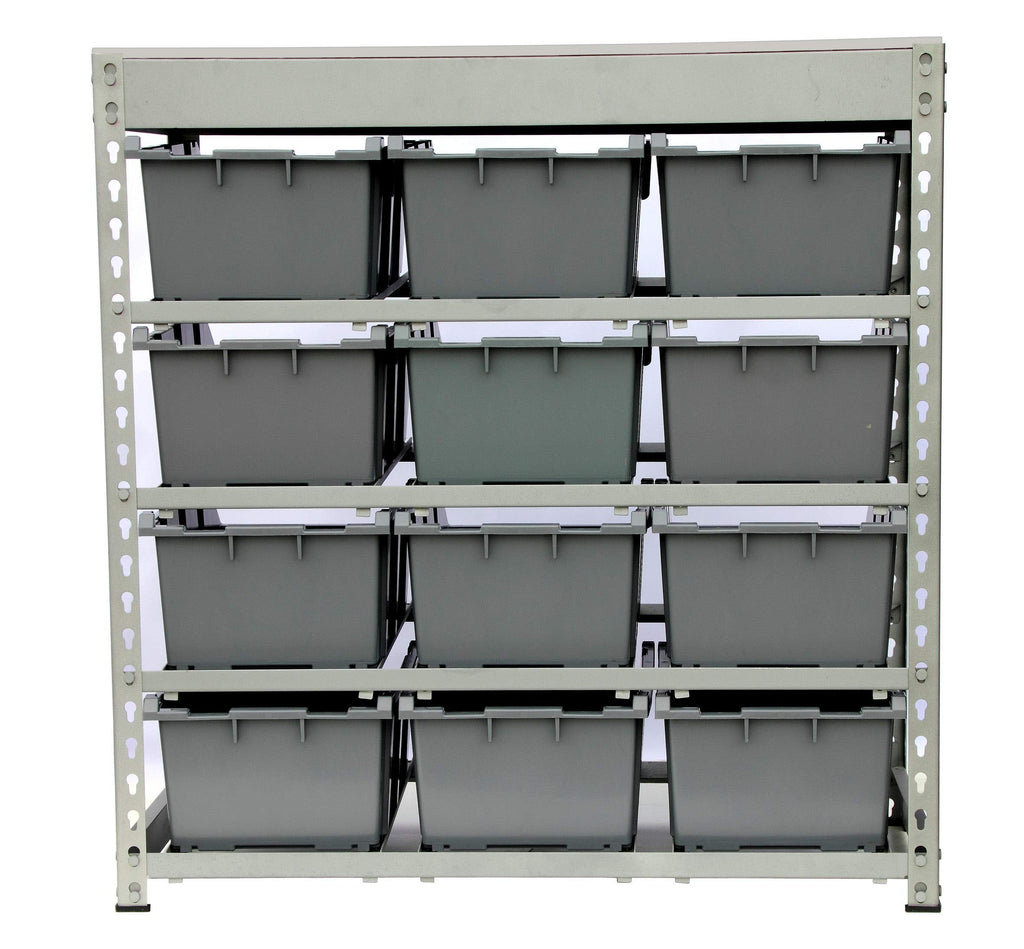 Bin Rack Boltless Steel Storage System Organizer w/ 12 Plastic Bins in 4 tiers