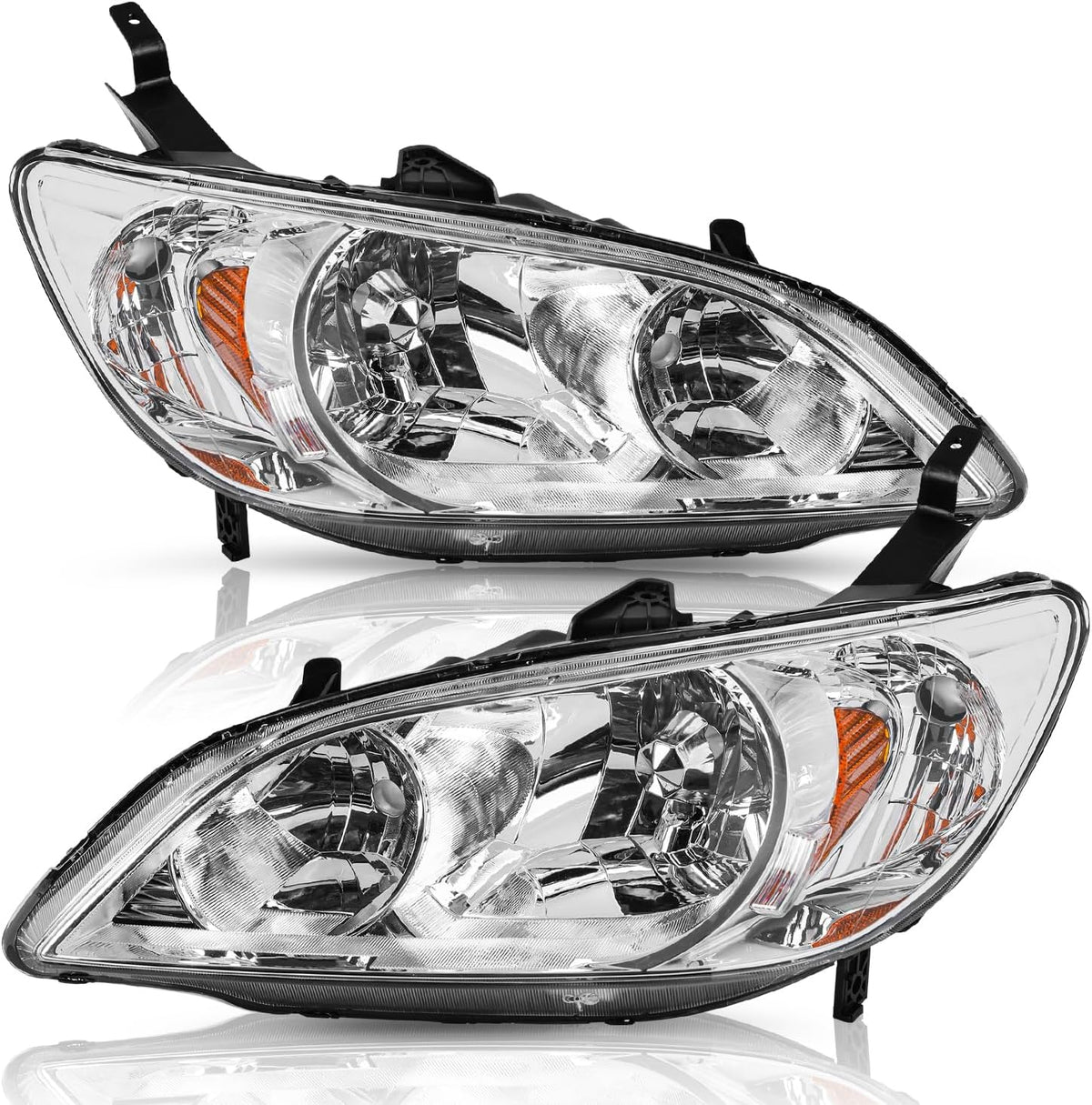 TUSDAR Headlight Assembly Set for 2004-2005 Honda Civic Driver and Passenger Side (Chrome Housing with Amber Reflector)