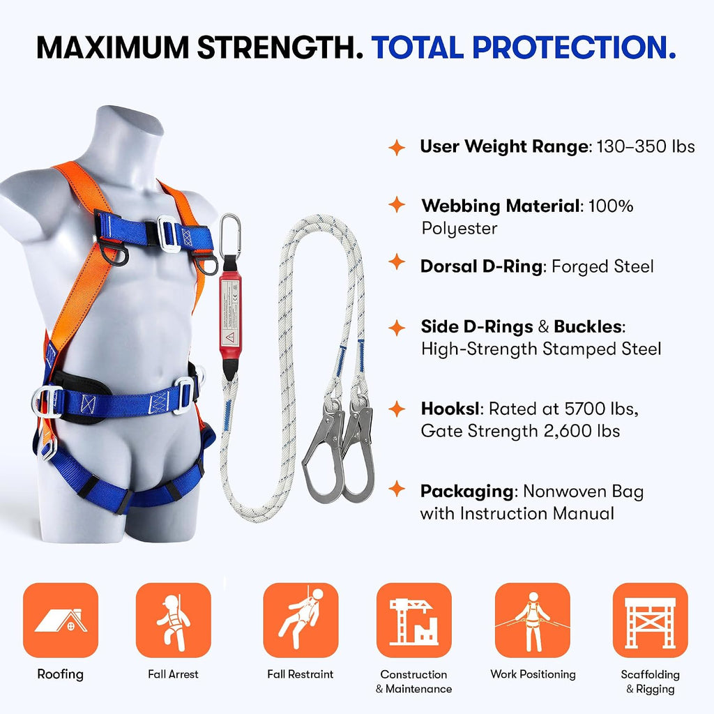 Harness Fall Protection Kit, Full Body Roofing harnesses with Shock Absorbing Lanyard for Men & Women OSHA/ANSI