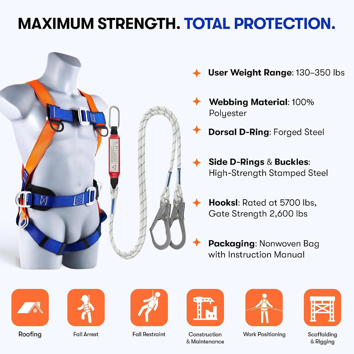 Harness Fall Protection Kit, Full Body Roofing harnesses with Shock Absorbing Lanyard for Men & Women OSHA/ANSI