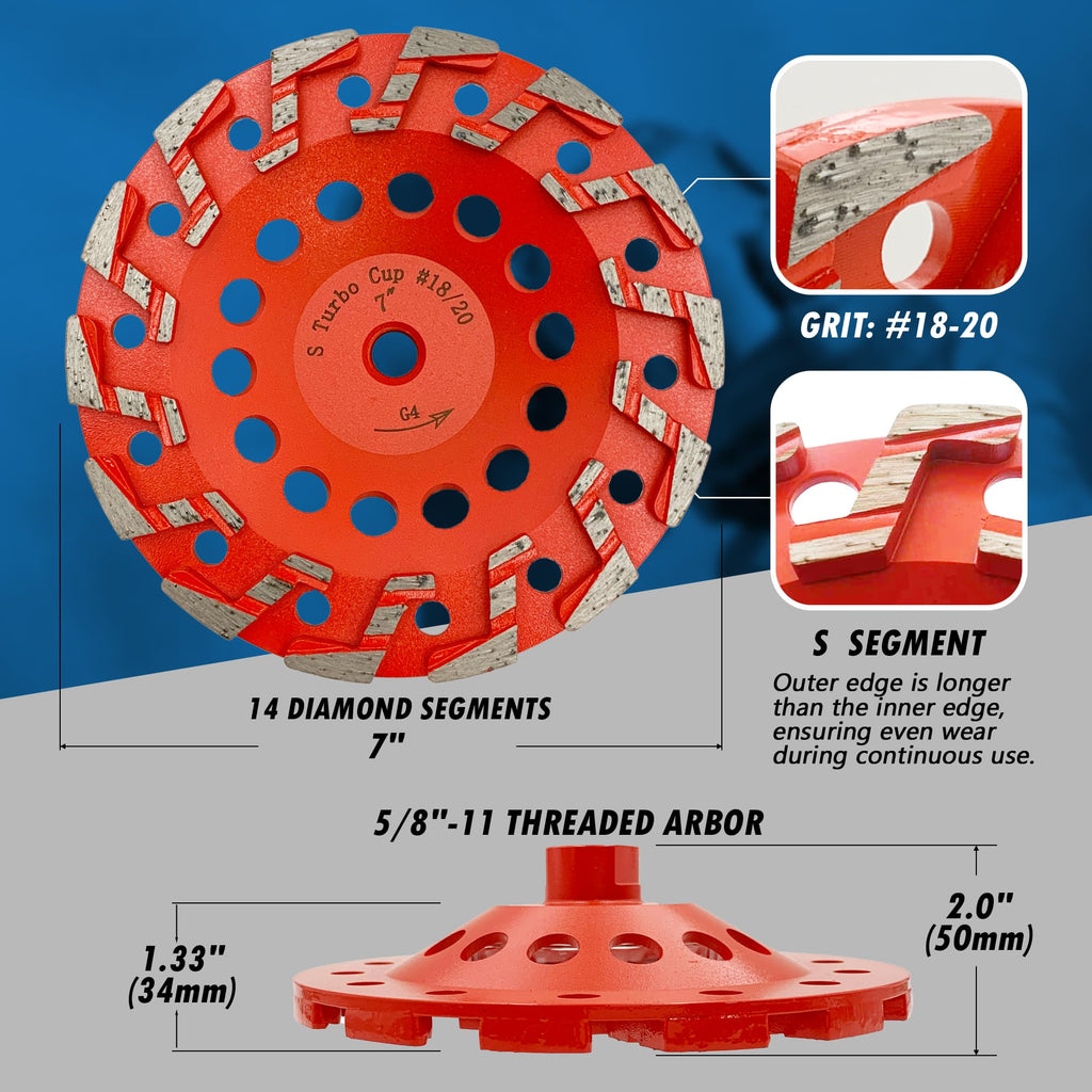 7" Diamond Grind Wheel 14 S Seg Concrete & Coating 5/8"-11 Threaded Arbor