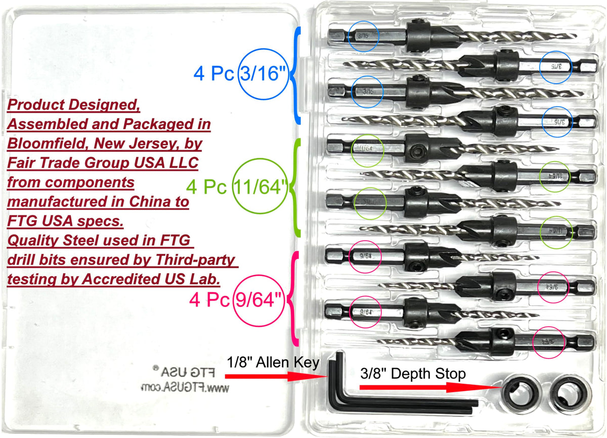 FTG USA Countersink Drill Bit Set #6, #8, #10 (4 Pc Each) Tapered Drill Bit