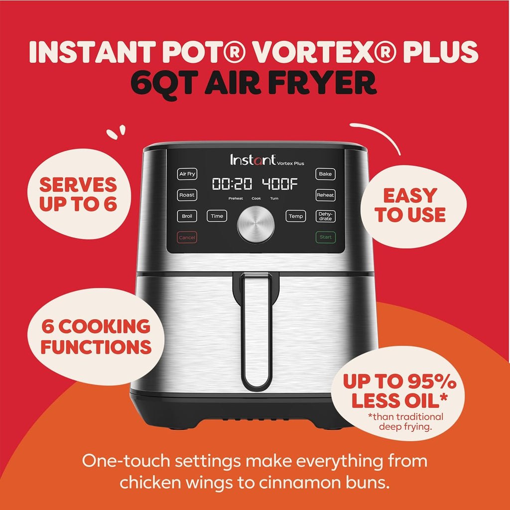 6QT VORTEX Plus Air Fryer, 6-in-1, Air Fry, Broil, Dehydrate, Crisp, Roast, Reheat, Bake, Dishwasher-Safe Airfryer