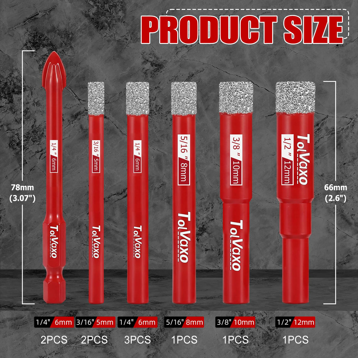 Tolvaxo 10Pcs Dry Diamond Drill Bit Set, Tile Drill Bit for Ceramic, Glass, Porcelain, Marble & Granite - 3/16"(x2), 1/4" (x3), 5/16", 3/8", 1/2" with Cooling Wax & 1/4" Masonry Bit(x2)