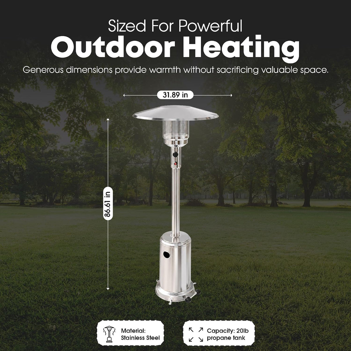 GasOne 50,000 BTU Outdoor Propane Patio Heater, Stainless Steel with Wheels