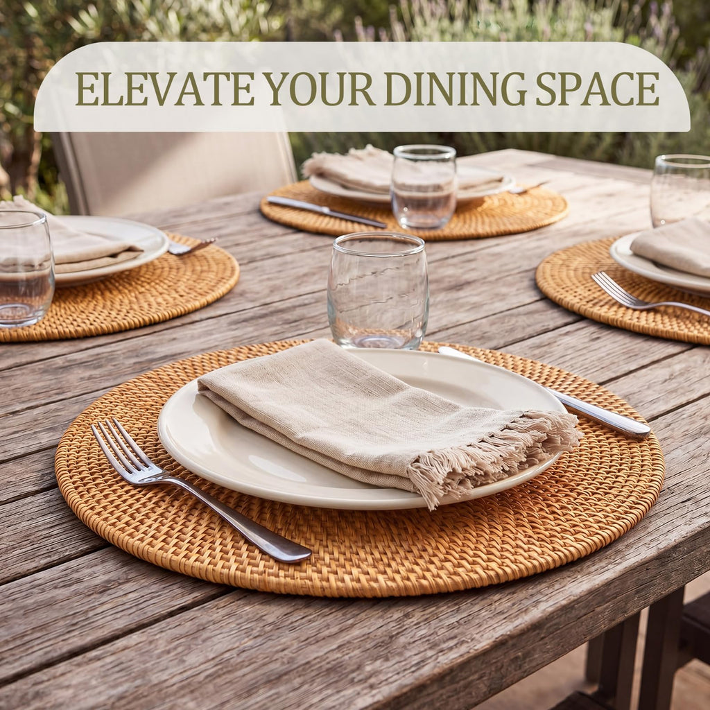 7 Pcs Rattan Placemats Set, 6 Pcs 13" Natural Hand Woven Rattan Placemats with 1 Pc 13.8” Wicker Round Serving Tray