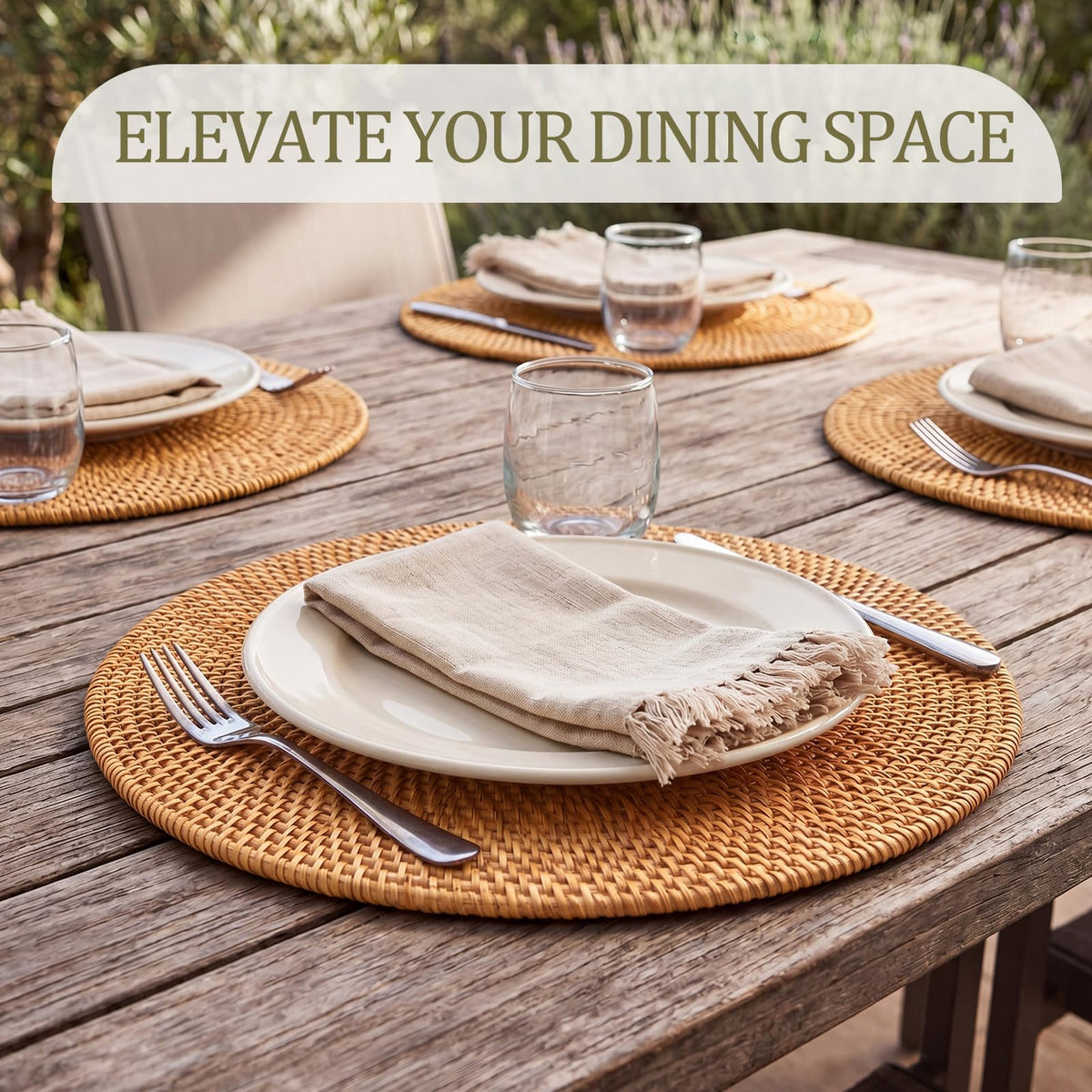 7 Pcs Rattan Placemats Set, 6 Pcs 13" Natural Hand Woven Rattan Placemats with 1 Pc 13.8” Wicker Round Serving Tray