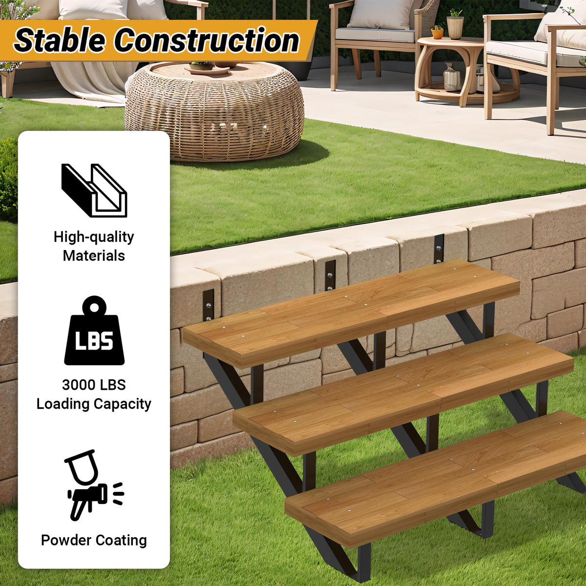 3 Pack Steel Stair Step Riser, 3-Step Metal Stair Stringer Heavy Duty, Steel Stair Stringer for 28" Height Deck and