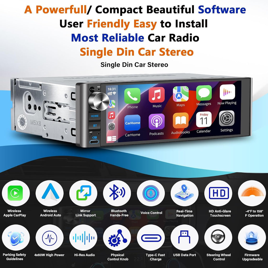 Single Din Car Stereo – Wireless CarPlay, 240W, 2 Subwoofer Ports | Wireless Android Auto, High Power, 4-Channel RCA