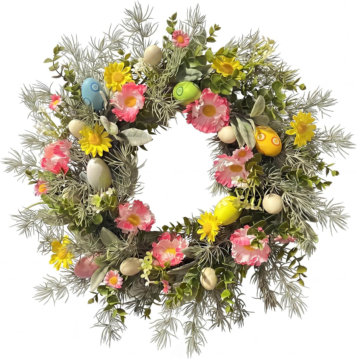 20" Easter Wreath for Front Door Decoration, Artificial Spring Wreath with Flowers and Colorful Easter Eggs, Easter