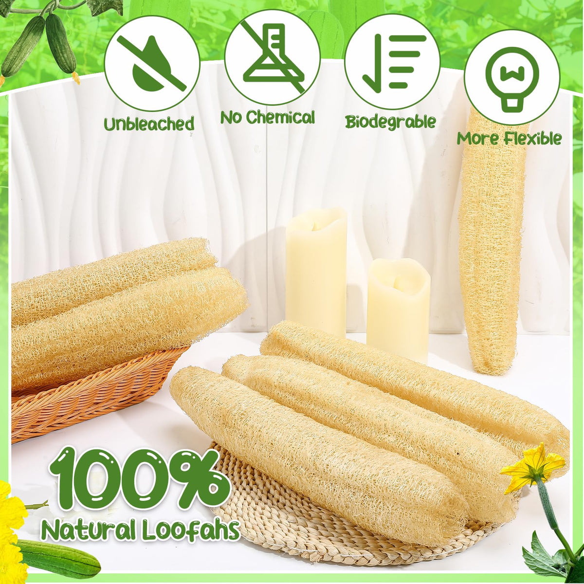 6 Pack Natural Loofah Sponge 13.8-15.7 Inches for Men Women