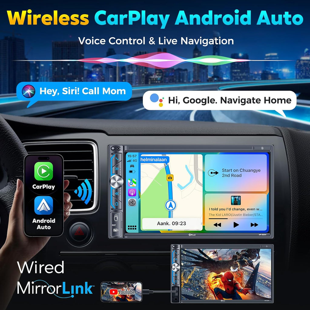 7" Wireless Double Din Car Stereo Apple Carplay Radio Screen for Car Audio Receivers, Bluetooth 5.3 Car Play Android