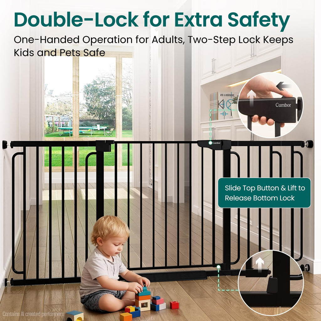 36.6-69" Extra-Wide Adjustable Hardware/Pressure-Mounted Pet & Child Safety Gate with Dual-Lock Walk-Through Swing Door for Stairs, Hallways & Wide Doorways — Black