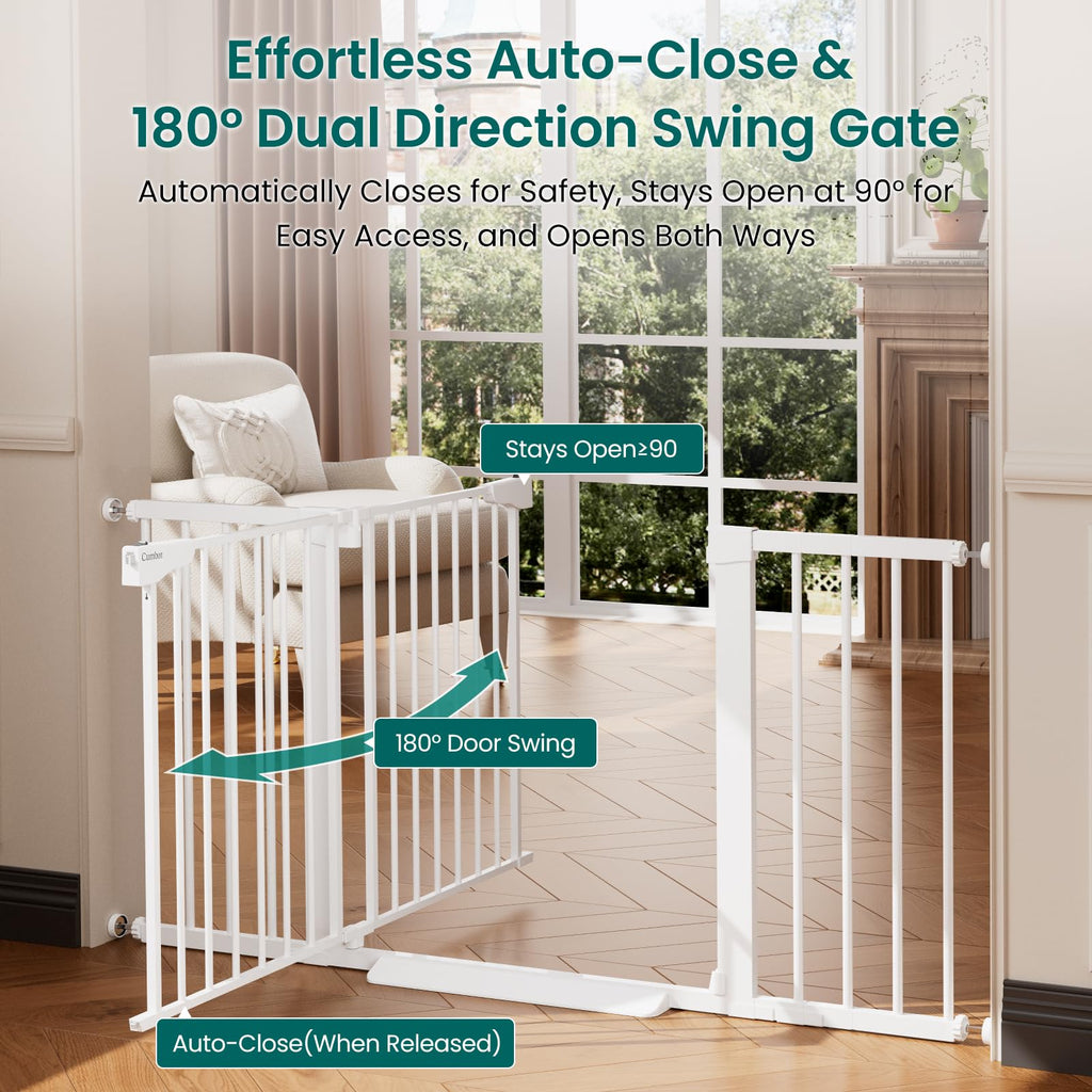 30-54" Extra-Wide Adjustable Hardware/Pressure-Mounted Pet & Child Safety Gate with Auto-Close Walk-Through Door for Stairs, Hallways & Wide Doorways — White
