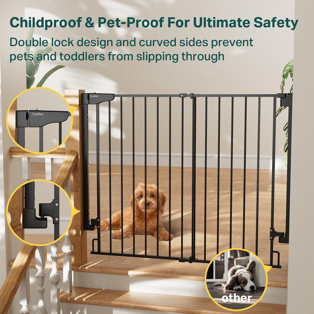 34" x 29.2-43" Extra-Tall Adjustable Hardware/Pressure-Mounted Pet & Child Safety Gate with Dual-Lock Walk-Through Swing Door for Stairs, Hallways & Wide Doorways — Black