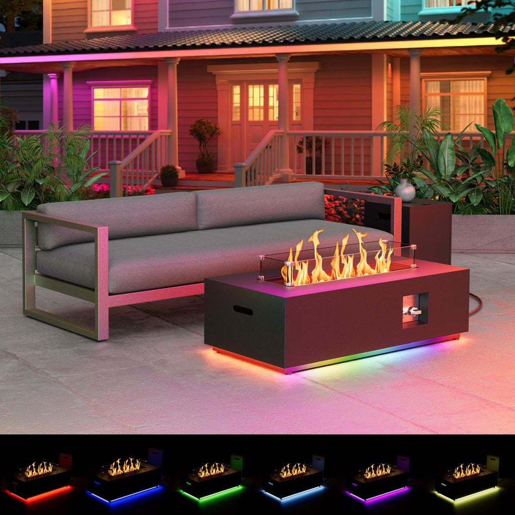 42" Rectangular Outdoor Propane Fire Pit Table with LED for Outside Patio