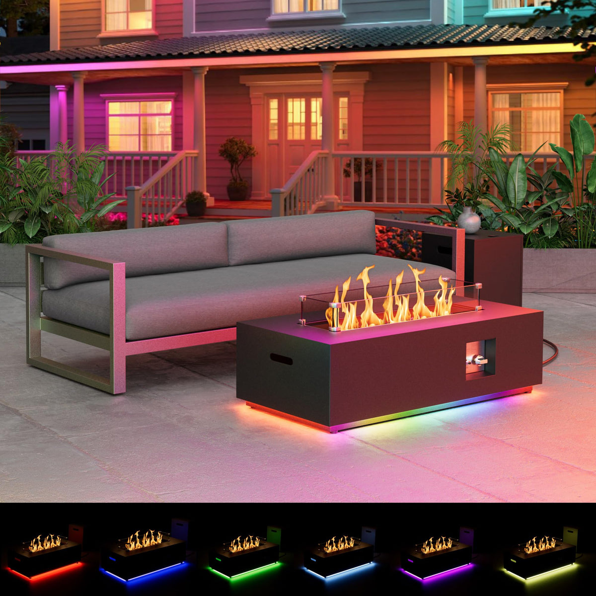 42" Rectangular Outdoor Propane Fire Pit Table with LED for Outside Patio
