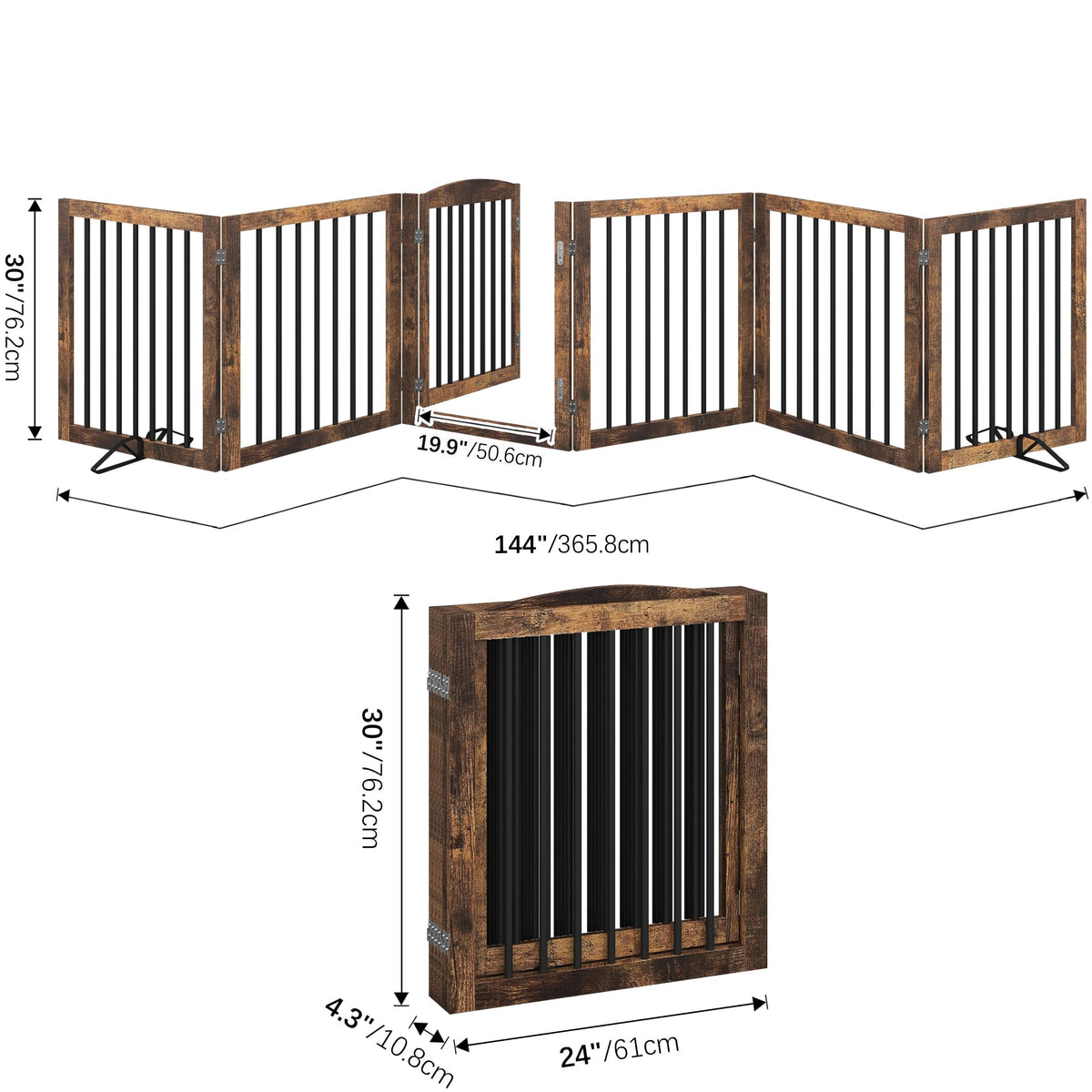144" x 30" Freestanding Solid Wood Folding Pet & Dog Barrier Gate with Walk-Through Swing Door for Wide Indoor Openings, Hallways & Stairs — Rustic Brown