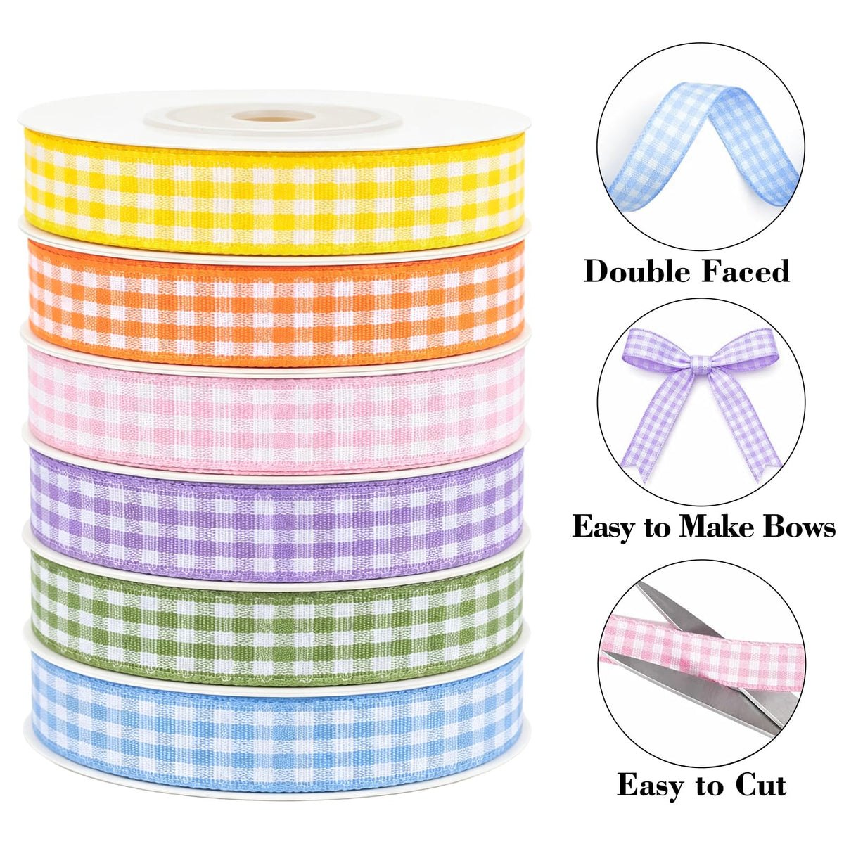 6 Rolls Pastel Gingham Ribbon - 3/8'' x 60 Yds Plaid Ribbon Checkered Ribbon for Gift Wrapping Crafts Baby Shower