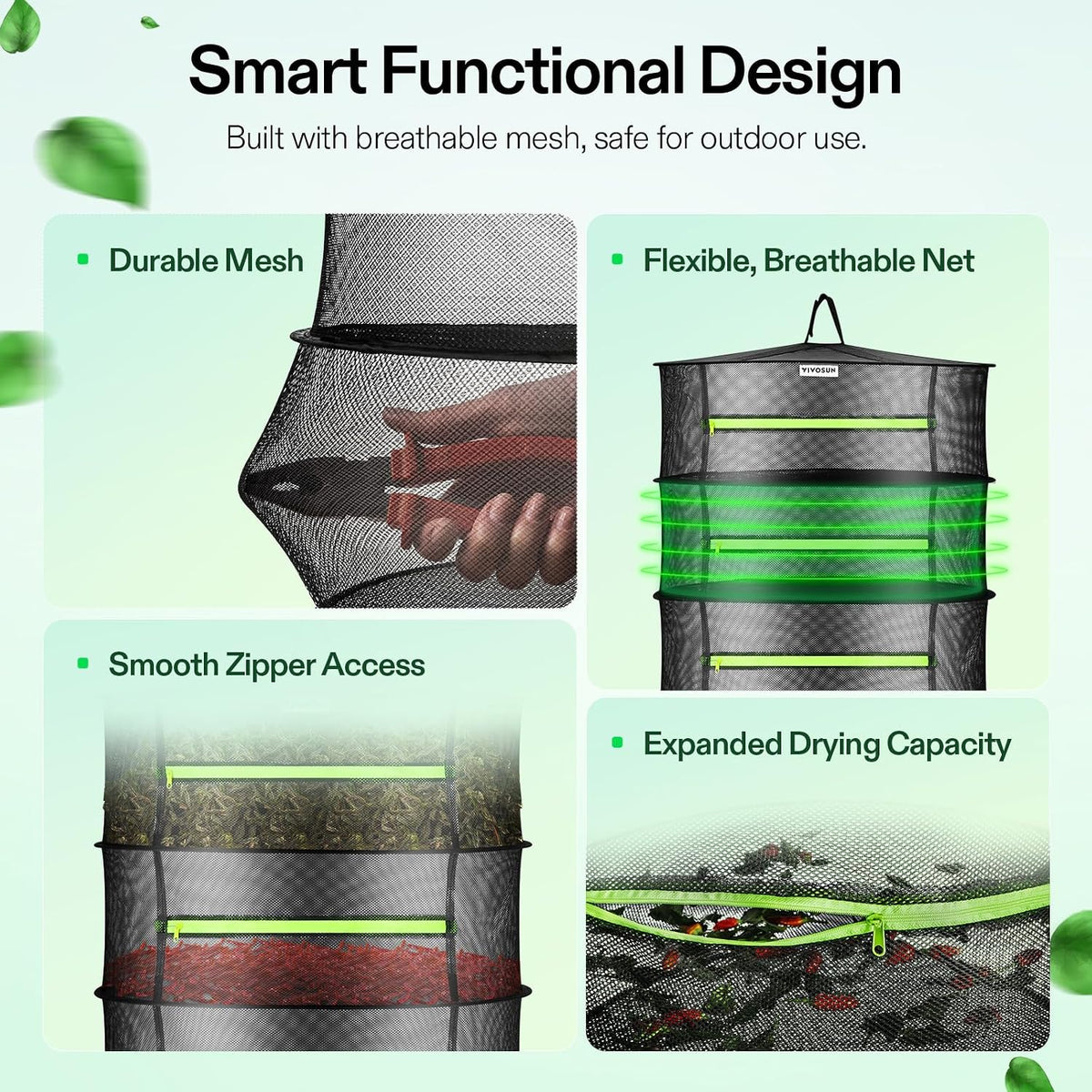 6-Layer Mesh Drying Rack Hanging Design with Green Zippers for Dehydrating, Indoor and Outdoor Pruning Shears Included