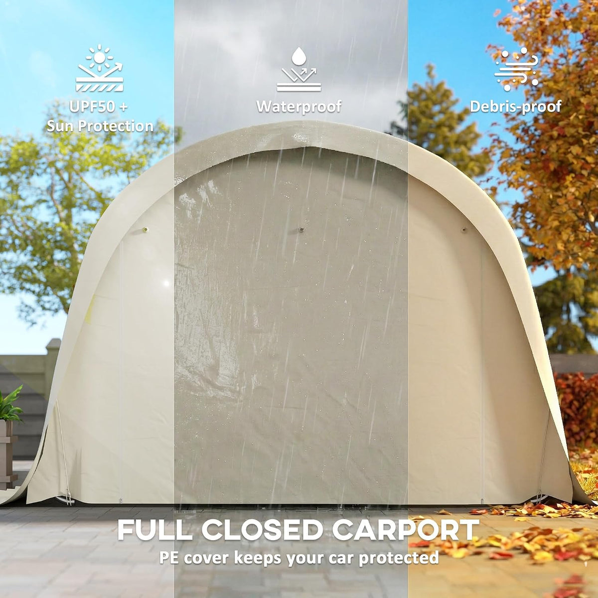 12' x 23.6' Heavy Duty Carport Portable Garage UPF50+ Beige | Car Canopy Tent, Galvanized Frame, Large Roll-Up Door