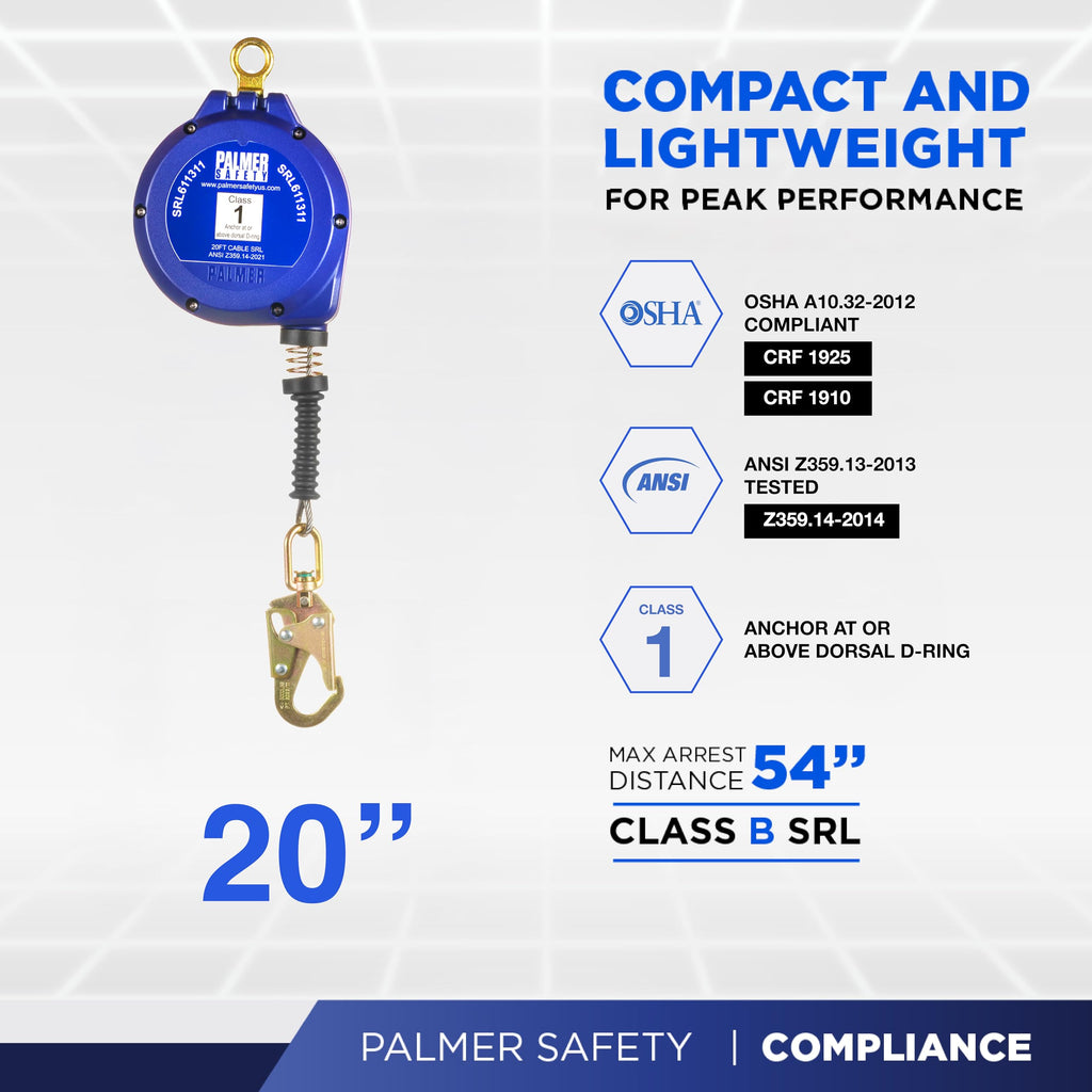 SRD 20 FT. Self Retracting Lifeline I ANSI Z359.14-2021 Class 1 I SRL Device Swivel Top Galvanized Cable w/Small