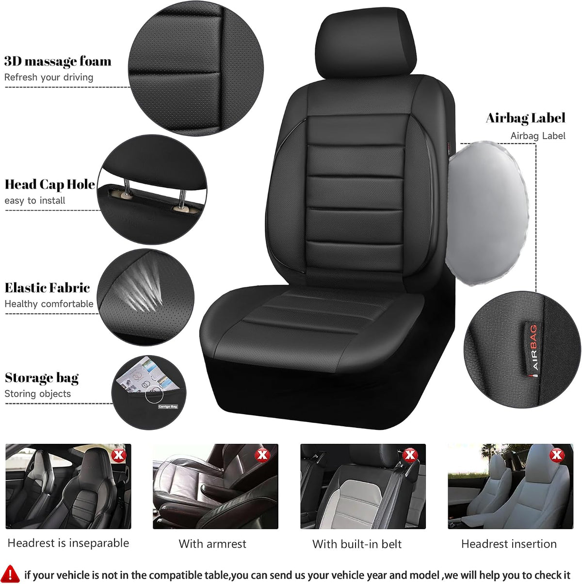 Leather Seat Covers Full Set Universal Water Resistant 3D Foam Back Support, Luxury Comfort Automotive 5 Seat Covers