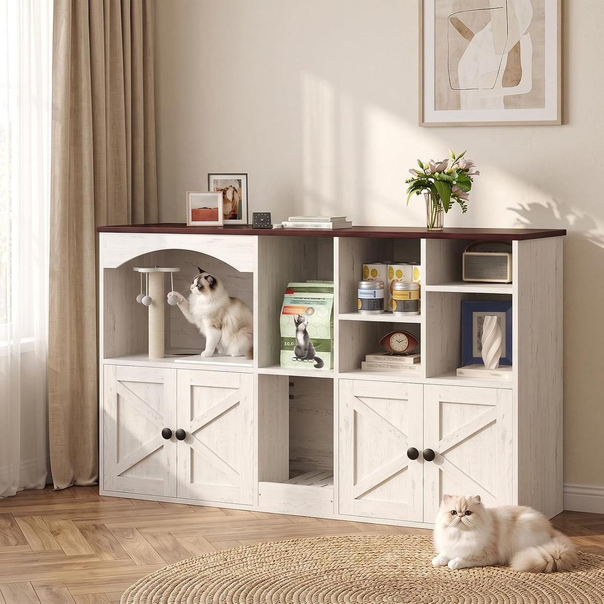 Cat Litter Box Enclosure for 2 Cats, Hidden Cat Cabinet with Storage
