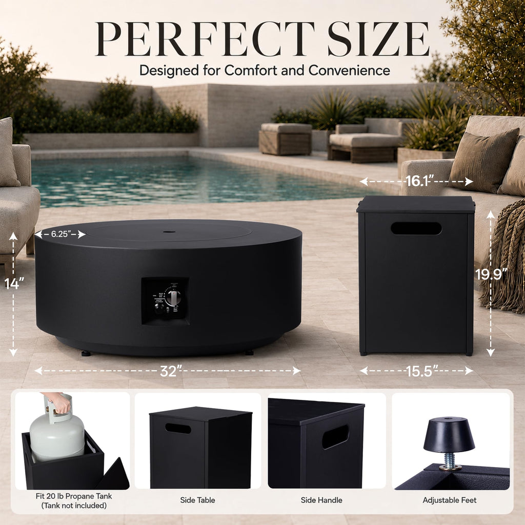 3-Piece Outdoor Gas Fire Pit, 32 Inch Propane Fire Pit Table