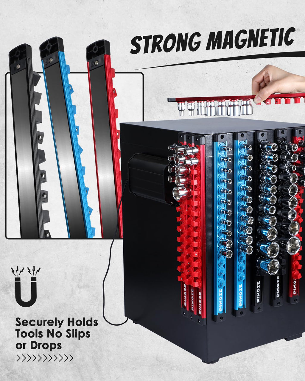 8PCS Magnetic Socket Holder Organizer Set - 1/4, 3/8, 1/2 - Aluminum Alloy Socket Rail Trays for Tool Box Drawer