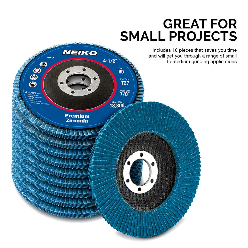 NEIKO 11117A 10 Pack Zirconia Flap Discs 4-1/2 for Angle Grinder, 60 Grit Flapper Wheel, Flat T27 Grinding Wheel 4.5 Inch Flap Disc, 7/8" Arbor Grinding Disc, Flap Wheel for Wood & Metal Sanding