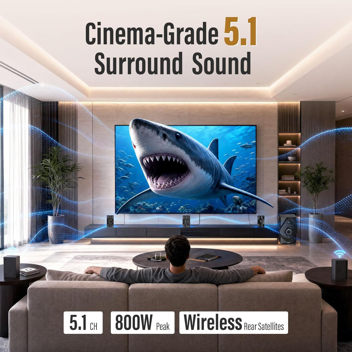 Home Theater System Wireless Rear Satellite Speakers | 800W 6.5 inch Subwoofer 5.1/2.1 Channel Surround Sound Systems