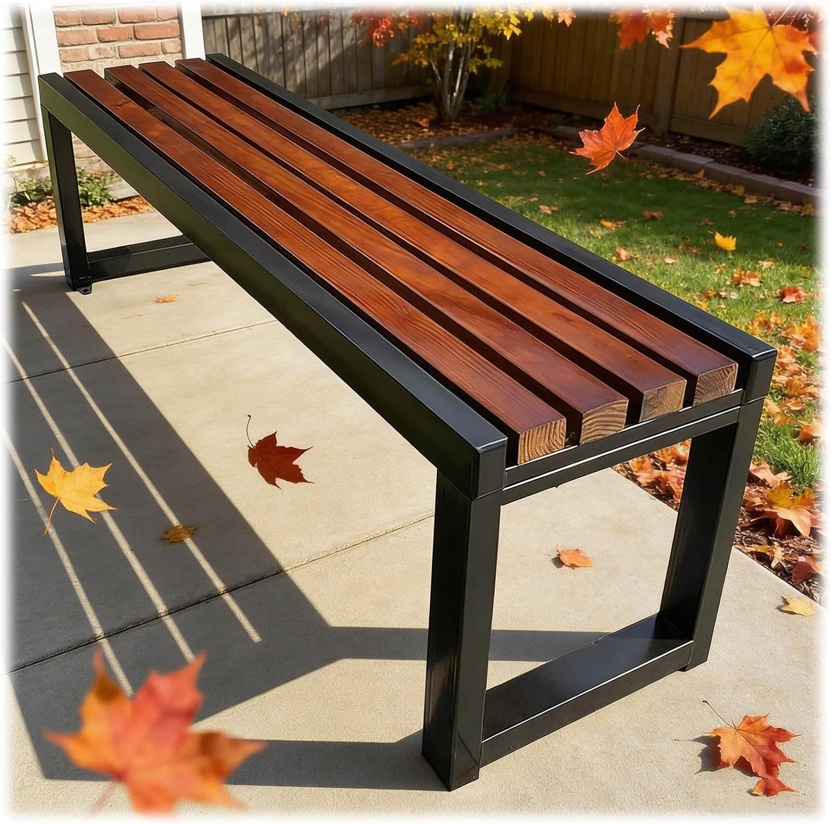 Outdoor Bench, Steel with Solid Wood Garden Park Benches 3.3ft 3.9ft 4.9ft 5.9ft Backless Patio Benches for Park