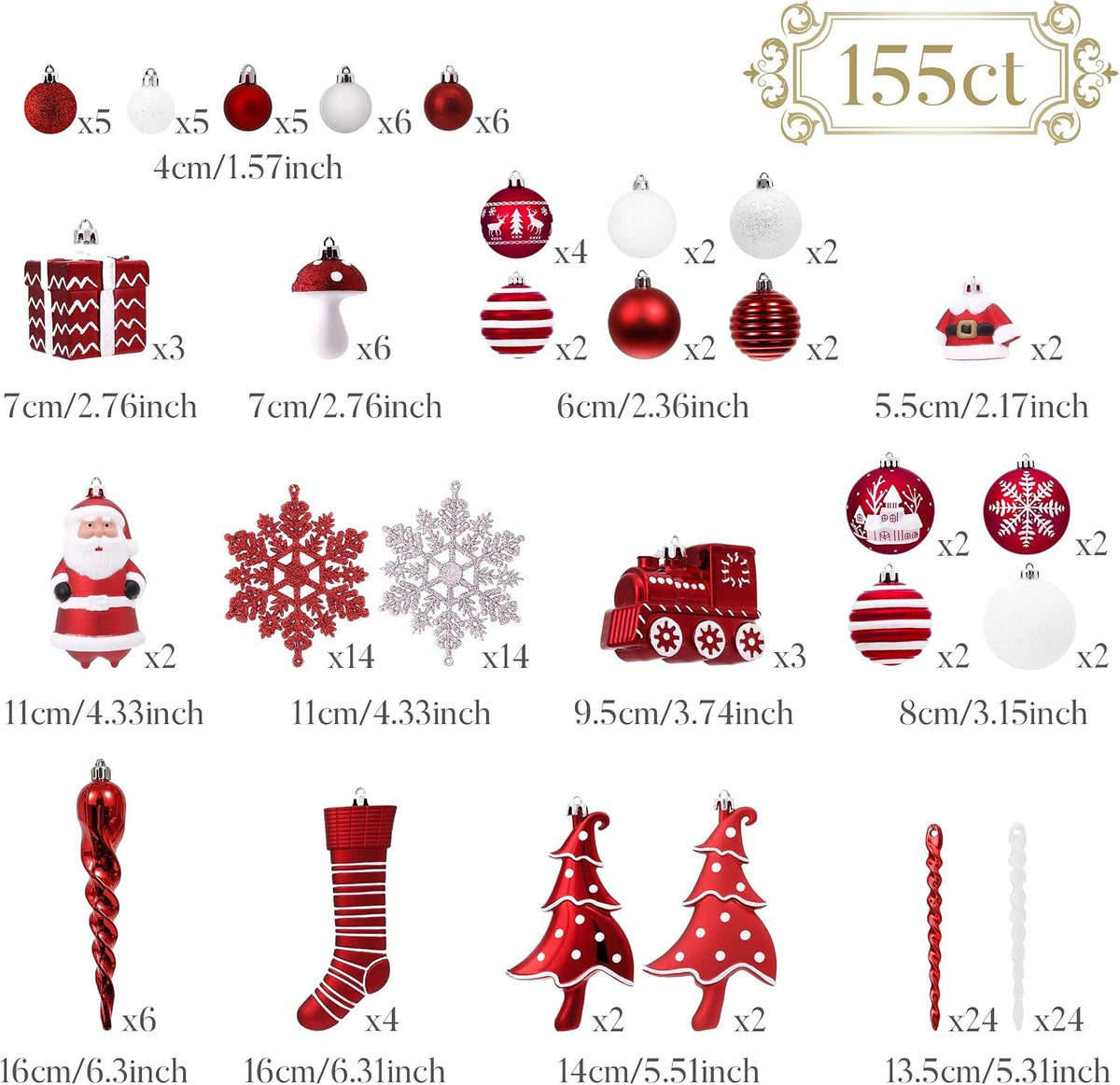 Christmas Tree Ornaments Set, 155ct Red and White Shatterproof Christmas Tree Decorations Bulk, Variety Traditional