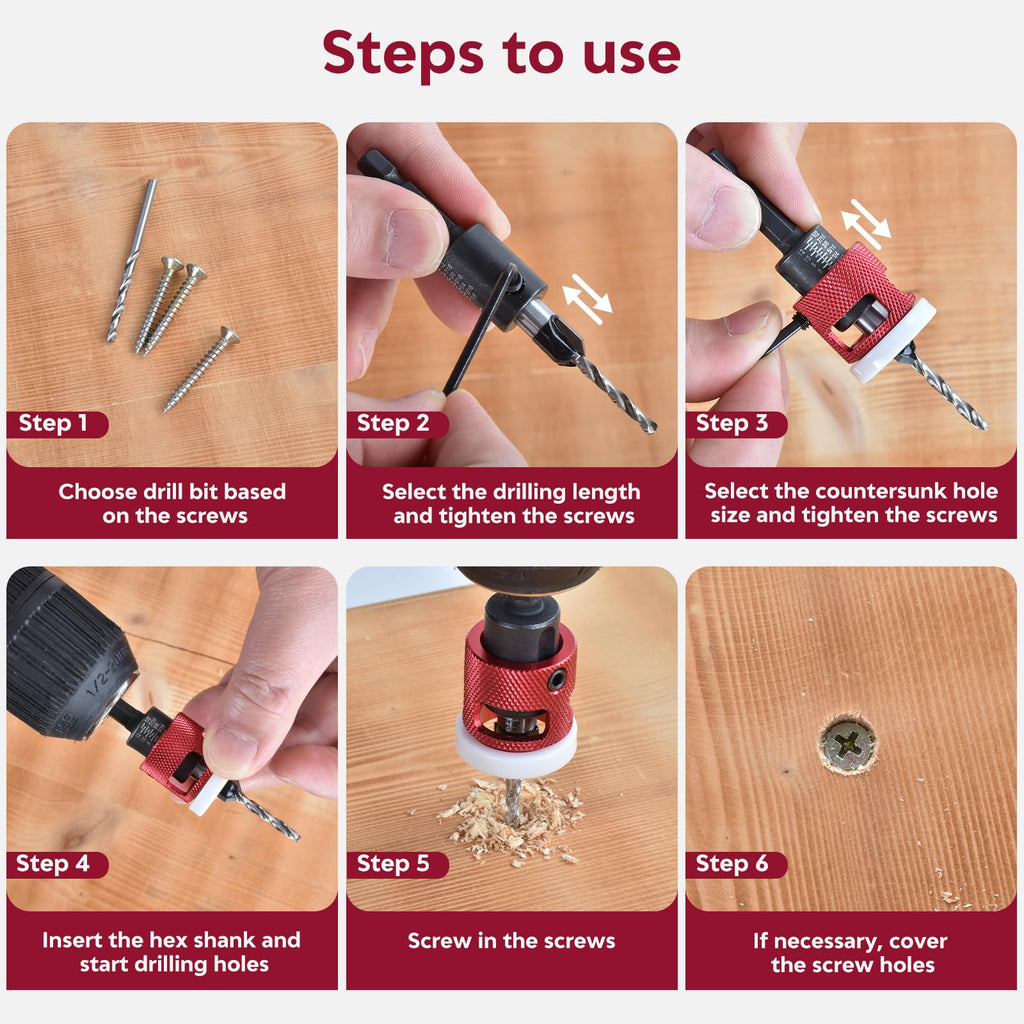 7 Pcs Countersink Drill Bit Set - 5‑Pcs Replaceable 2-Flute TCT Tapered Drill Bits with Low‑Friction Adjustable Depth Stop, 1/4” Hex Shank for Woodworking Tools & Hand Tools